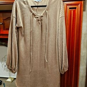 Miss Sparkling Lantern Sleeve Ribbed Khaki V- Neck Sweater Dress Medium